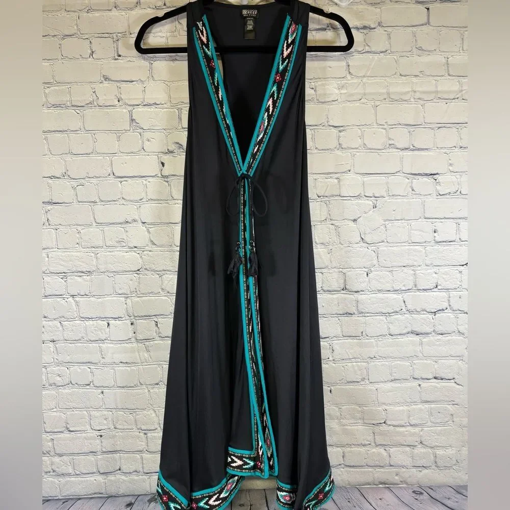 Coco Reef Black Aztec Trim Handkerchief Hem Vacation Party Swim Coverup Dress XL